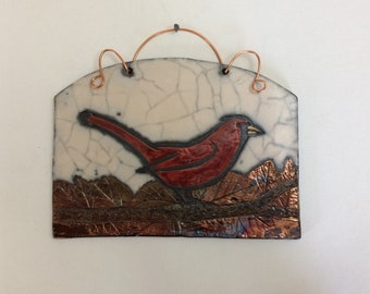 Bird watching Cardinal Raku fired tile