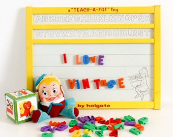 Vintage 1960s Learning Toy / Holgate Teach-a-Tot Magnetic Spelling Drawing Wipe-Off Board / Complete Letters Bonus Numbers