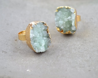 Natural Green Quartz Druzy Ring Raw Rough Green Crystal Quartz Geode Cluster Drusy Ring Adjustable Rings