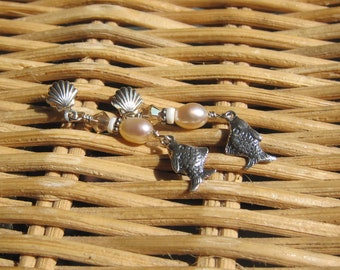 Beachy earrings- Sterling silver fish earrings, freshwater pearl- Lisa New Design