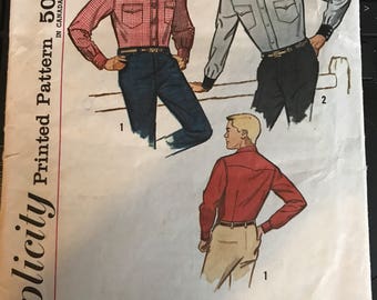 Vintage 50s Simplicity 4703 Men's Western Shirt Pattern-Neck 15 Chest 38