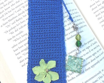 Crocheted Cobalt Blue Bookmark With Glass Beads