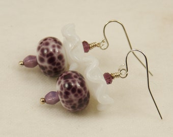 White Ruffles--White and Purple Violet Lampwork Bead Earrings 673