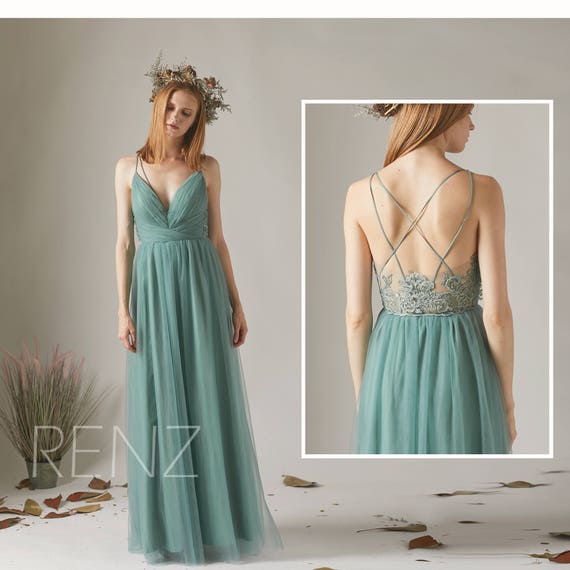  Bridesmaid  Dress  Dusty  Green  Tulle DressCriss Cross Straps