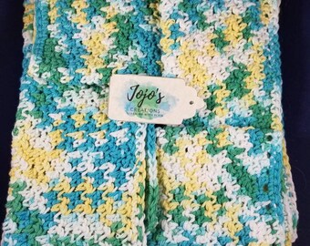 Kitchen dishcloths, handmade, bridal shower gift, crocheted wash cloths, green blue and yellow,
