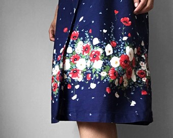 Vintage, 1970's, Button-Up, Button-Down, Navy, Red, White, Floral, Midi-Length, Summer, Dress