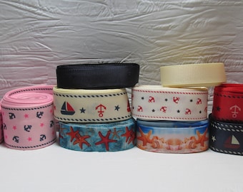 Grosgrain ribbon bundle 12 yards of starfish, anquors, boats, sailboats, with solid color ribbons, Kit