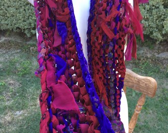 sale Deep reds purple shades Recycled silk hand knitted boho tattered rag scarf