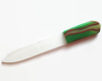 Czech Crystal Nail File, Small Glass Nailfile, Green with Ivory Stripe // gifts for her // bridesmaid gifts