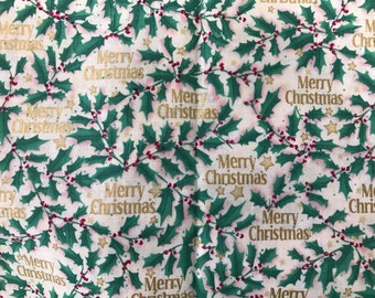 1 Yard of Gold, Green and Red Merry Christmas Print Cotton Fabric from Brother Sister Design Studio