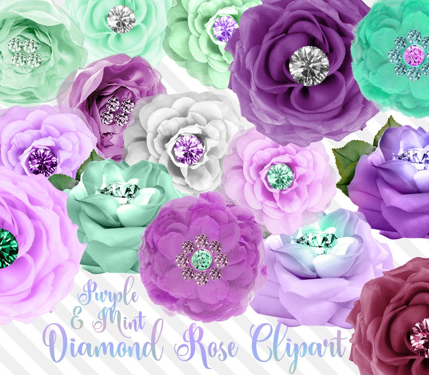 Purple and Mint Diamond Rose Clip Art digital flower