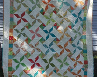 Scrappy Pinwheel Handmade Twin Full Quilt - 74"x87"