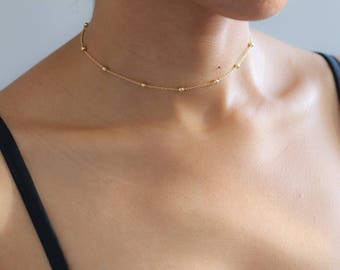Delicate Gold Necklace - Satellite Bead Necklace - Dainty Gold Choker - Dew Drop Necklace - Boho Jewelry - Layering Necklace - Gift for Her