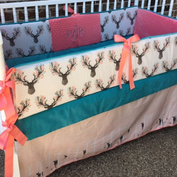 Custom crib bedding deer with pink mist floral antlers