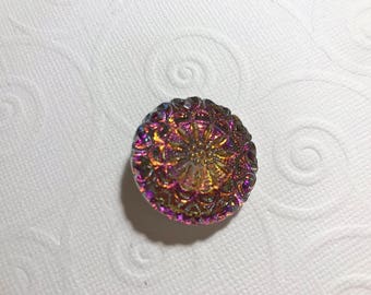 27mm Czech Glass Crown Button, Pink and Yellow 098