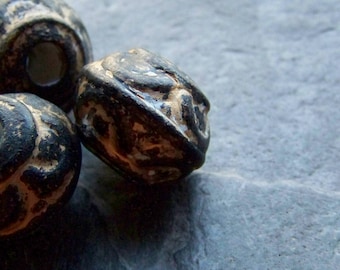 Tribal Bead-Boho Chic-Boho Beads-Etched Bead-Carved Bead-Vintage Lucite-Matte Bead-Distressed-Black-Gold-Big Hole Beads-Large Lucite Beads-8