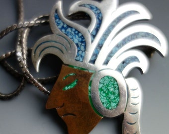 Taxco Mayan Sterling Copper Face Pendant Pin