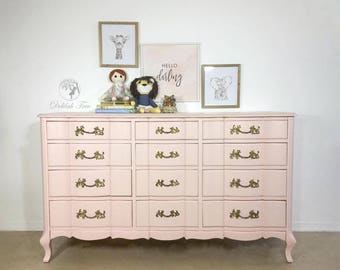 French Provincial Dresser for Nursery, bedroom, child, teen or adult. Blush Pink with original brassy gold hardware. Changing table Painted