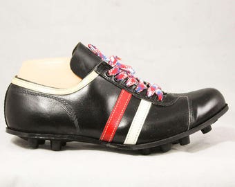 Size 7 Men's Athletic Shoes - 1960s Black Mens Cleats - Retro Sports Deadstock Sneakers - Red & White Racing Stripe - Original Box - 48911-1