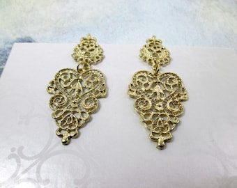 Large Gold Chandelier Earrings Gold Filigree Metal Lace Earrings Wedding Bridal Earrings Pieced Drop Dangle Earrings Art Nouveau Earrings