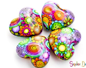 Valentines day Hearts - 4 Handmade polymer clay beads - Fluffy hearts - multi colored heart beads