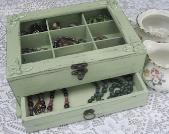 Wooden Jewelry Box Light Green "Shabby Chic" home decor, jewelry storage, jewelry cabinet