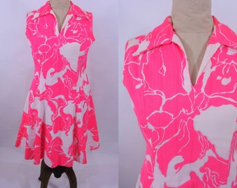 1960s abstract dress | neon pink floral psychedelic dress | vintage 60s dress | W 37"