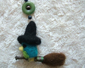 Needle Felted Witch on a Broomstick Thimble Bird, Handmade Felted Bird