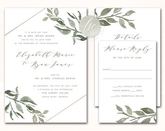 Printable Wedding Invitation, Wedding Invite, DIY Invitation Suite, Green, Olive, Sage, Leaves, Laurels, Geometric | DIGITAL PRINTABLE