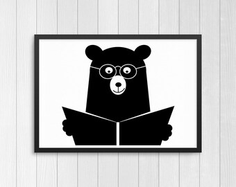 Bear reading a book | Scandi style | Monochrome | Nursery and kids room | Digital download