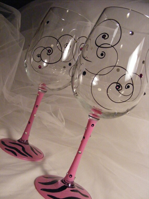 Items similar to pink zebra wine glasses with polka dots and crystals