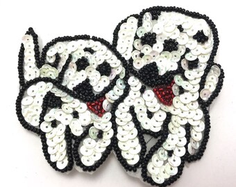 Dalmatian Puppies Applique, Sequin Beaded, 4" x 3.25" -B090