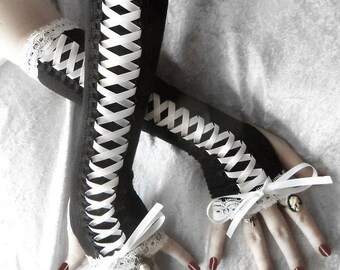 Maiden Le Noir Victorian Corset Laced Up Arm Warmers | Black w/ White Lace & Ribbon | Wedding Vampire Gothic Gloves Bridal Romantic Emo