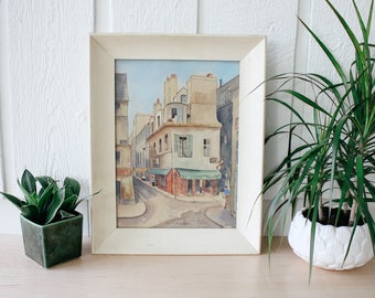 Vintage framed watercolor of Au Vieox Paris Rue a Montigue pastel watercolor art vintage decor