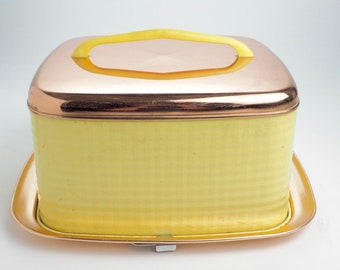 Vintage Yellow Metal Cake Carrier, Square Copper Base, Locking Square Mid Century Cake Saver