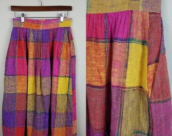 Vintage 1980s plaid skirt | Pink, purple, yellow, orange midi | 11/12 large