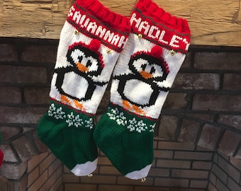 Knitted Christmas Stockings with Angel Santa on Tractor