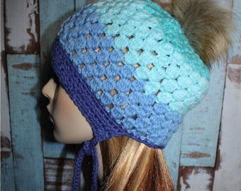 Puff Stitch Fur Pom Pom Slouchy Bonnet, Teen Hat, Blue Blaze Colors, Winter Hat, Ties, Crochet Beanie, Unique, One of a Kind, READY TO SHIP