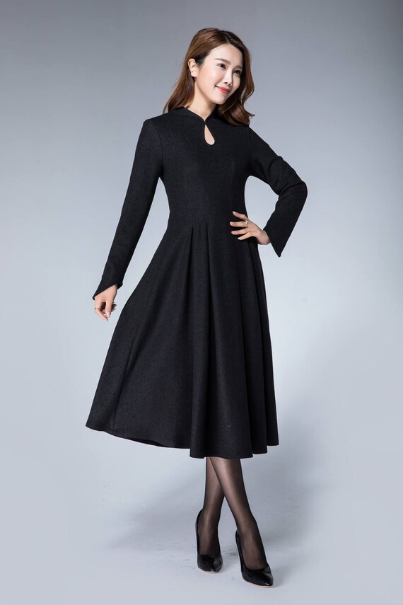 50s dress  black wool  dress  pleated dress  winter  dress 