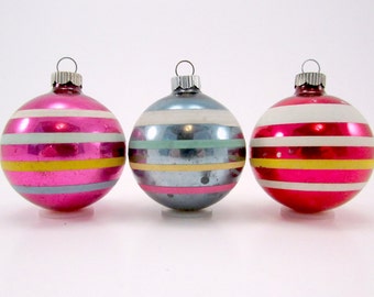 Vintage Striped Shiny Brite Christmas Ornaments 1950s Holiday Decorations Baubles