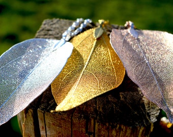 Leaf silver necklace, Silver leaf pendant, Silver plated necklace, Real leaf necklace, silver dipped leaf, natural woodland, Long Chain, UK