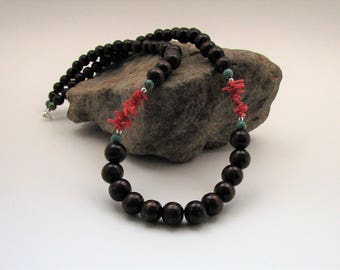 Wood, Red Cupolini, Magnesite and Sterling Silver Necklace
