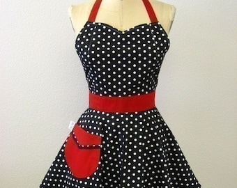 The BELLA Vintage Inspired Black and White Polka Dot with Red Full Apron