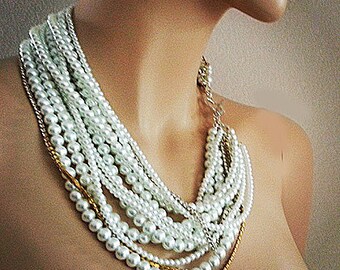 Bridal Statement Necklace Chunky Pearl Necklace Wedding Necklace Bridal Jewelry Pearl Rhinestone White and Gold Silver Wedding Jewelry