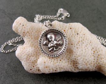 Silver cupid pendant, handmade eco friendly fine silver antique button necklace-OOAK