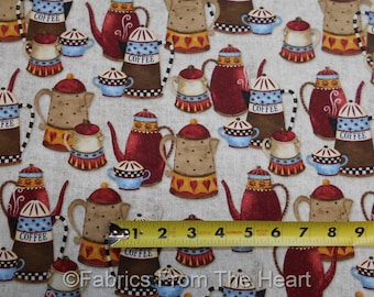 Coffee House Steamy Java Pots Brewing on Tan BY YARDS Henry Glass Cotton Fabric