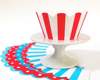 Cupcake Wrappers Red & Blue (set of 6), Polka Dot Stars Stripes Cupcake Liners, Reusable Cake Decor, Cupcake Photo Prop, Red White Blue