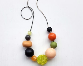 sashimi necklace - remixed vintage beads - bold, contrasting colors - salmon, peach, lime, green, black