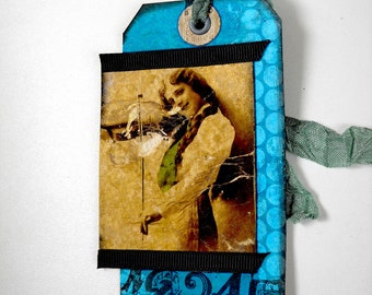 Shipping Tag Art, Handmade western, Woman with Fiddle Tag, Mixed Media Tag, Altered Country Tag