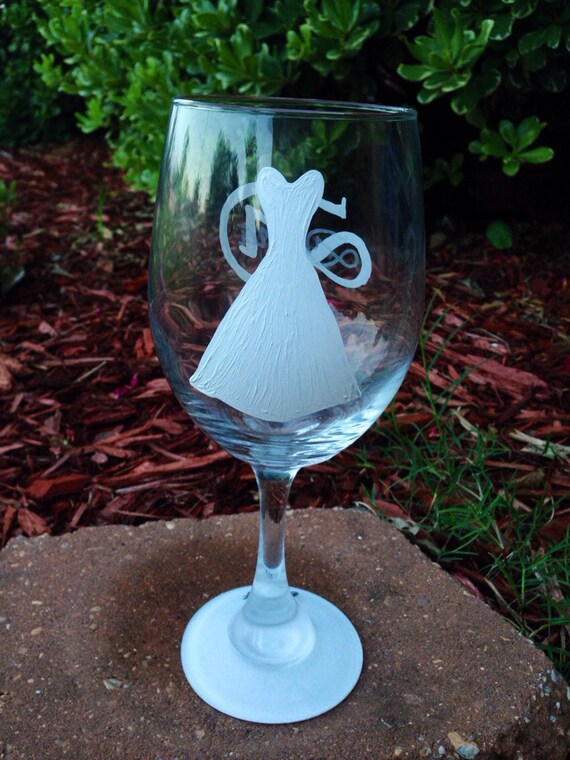 Bride wedding dress wineglass with monogram name wine glass set